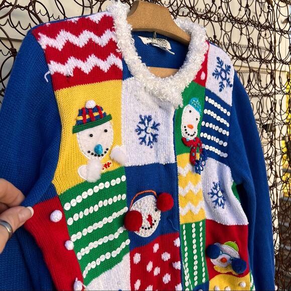 90s Jack B Quick Christmas primary color checkerboard snowman cardigan sweater - Picture 2 of 7